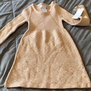 Girls Peach Knit Long-Sleeve Dress with Sequin Detail